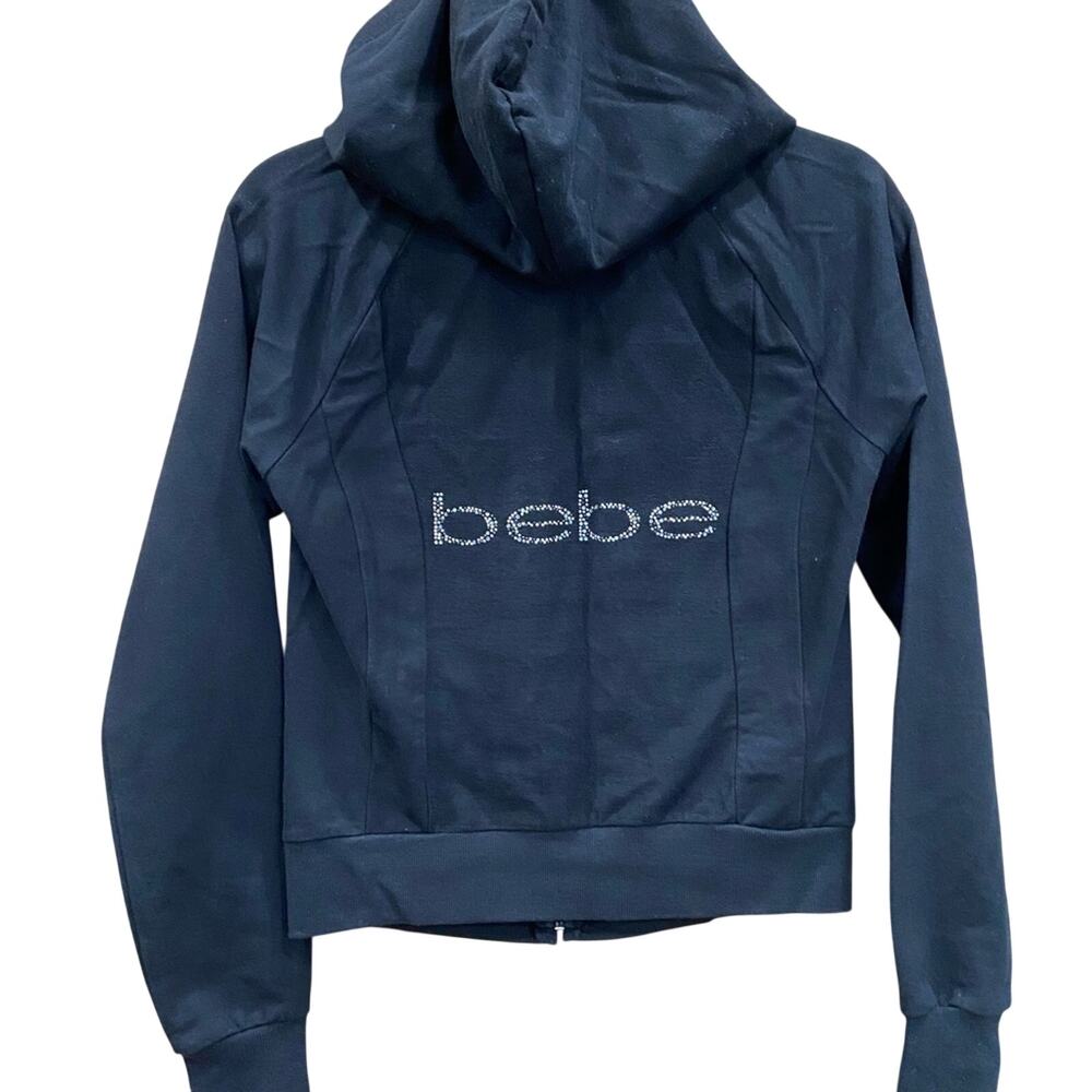 bebe Zip-Up Black Hoodie w/ Rhinestone Logo Size M Black NWOT